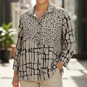 Habitat Women's Abstracted Mixed Media Button Up Shirt Small Tan Lagenlook